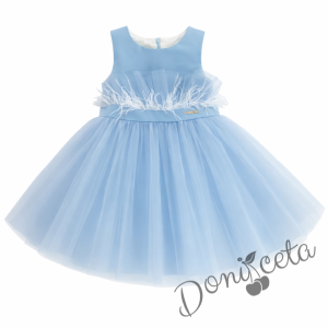 Детска рокля с богат тюл и пера в светлосиньо с панделка Анелия 