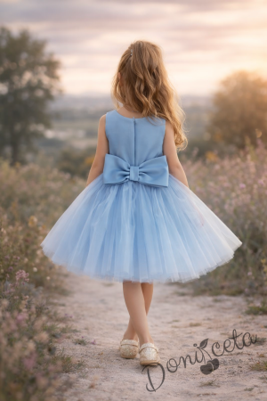 Детска рокля с богат тюл и пера в светлосиньо с панделка Анелия 
