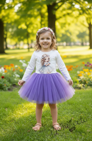 Детска ежедневна рокля с дълъг ръкав в лилаво с красива картинка на малка фея