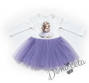 Детска ежедневна рокля с дълъг ръкав в лилаво с красива картинка на малка фея