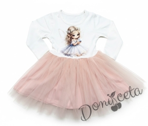 Детска ежедневна рокля с дълъг ръкав в прасковено с картиинка на малка фея