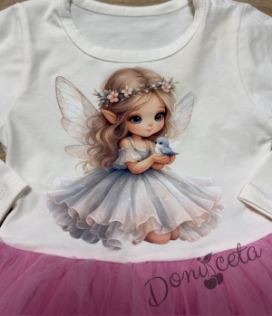 Детска ежедневна рокля с дълъг ръкав в розово с картинка на малка фея