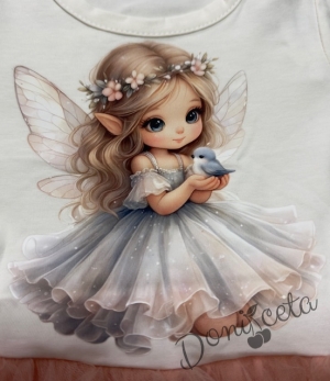 Детска ежедневна рокля с дълъг ръкав в розово с картинка на малка фея