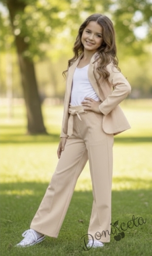 Комплект за момиче от 2 части- сако Ким и разкроен панталон с висока талия и копчета в бежово