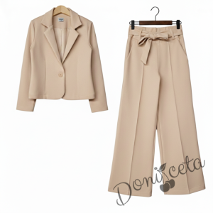 Комплект за момиче от 2 части- сако Ким и разкроен панталон с висока талия и копчета в бежово
