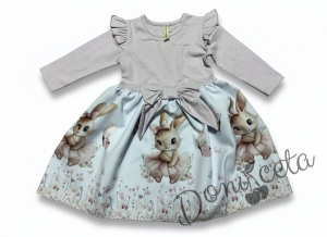 Детска рокля с дълъг ръкав в лилаво с къдрички, панделка и изображение на зайче-балерина