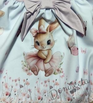 Детска рокля с дълъг ръкав в лилаво с къдрички, панделка и изображение на зайче-балерина