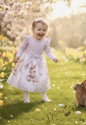 Детска рокля с дълъг ръкав в лилаво с къдрички, панделка и изображение на зайче-балерина