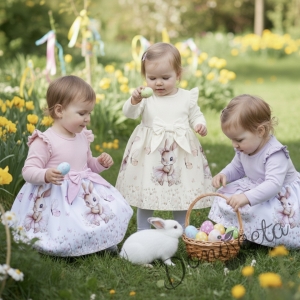 Детска рокля с дълъг ръкав в лилаво с къдрички, панделка и изображение на зайче-балерина