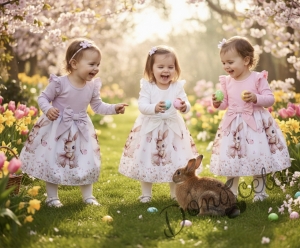 Детска рокля с дълъг ръкав в лилаво с къдрички, панделка и изображение на зайче-балерина