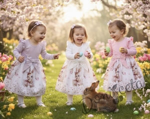 Детска рокля с дълъг ръкав в лилаво с къдрички, панделка и изображение на зайче-балерина