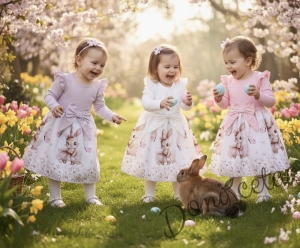 Детска рокля с дълъг ръкав в лилаво с къдрички, панделка и изображение на зайче-балерина