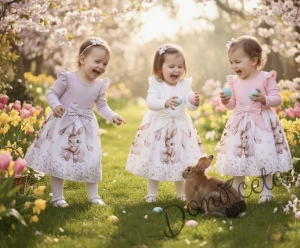 Детска рокля с дълъг ръкав в екрю с къдрички, панделка и изображение на зайче-балерина