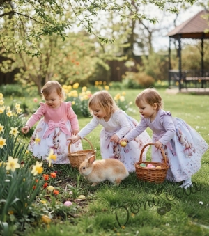 Детска рокля с дълъг ръкав в екрю с къдрички, панделка и изображение на зайче-балерина