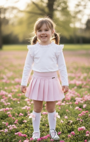 Детска блуза с дълъг ръкав за момиче в бяло с къдрички и кант в розово