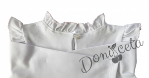 Детски Комплект трико за момиче от сукман в розово Гери с къдрички  и бяла блузка с дълъг ръкав с къдрички с розов завършек