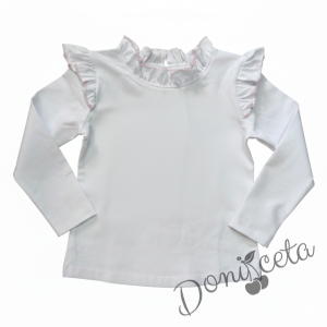 Комплект за момиче от къси панталони в розово и блуза в бяло с дълъг ръкав с къдрички обкрайчени в розово