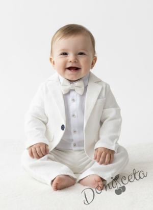Официален бебешки летен костюм за момче от 4 части в екрю- сако в ,боди- риза в бяло, панталон и папийонка в екрю