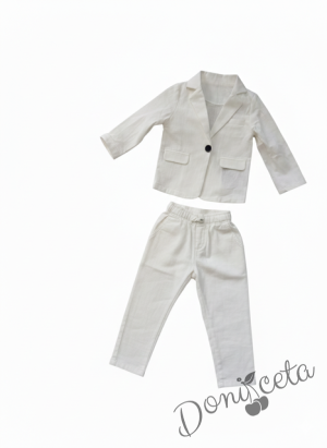 Официален бебешки летен костюм за момче от 4 части в екрю- сако в ,боди- риза в бяло, панталон и папийонка в екрю