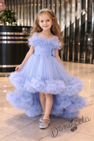 Официална празнична детска рокля Мелиса в светлосиньо с ефирен тюл на пластове с шлейф 