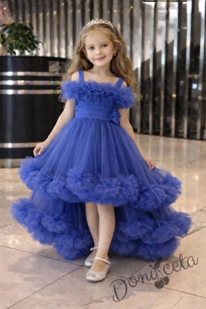 Официална празнична детска рокля Мелиса в кралско синьо с ефирен тюл на пластове, шлейф 
