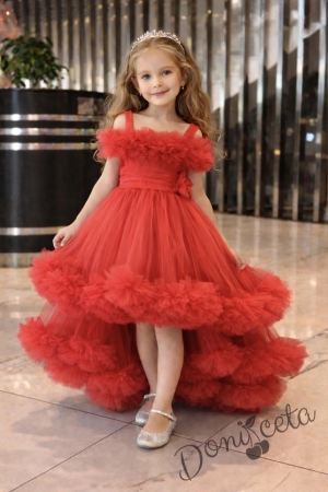 Официална празнична детска рокля Мелиса в червено с ефирен тюл на пластове с шлейф