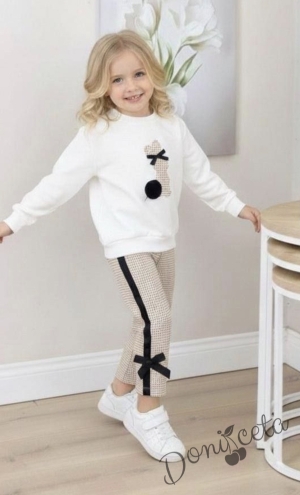 Детски комплект за момиче от 2 части - блуза в бяло със зайче и панталон в пепит с панделки