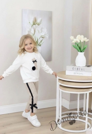 Детски комплект за момиче от 2 части - блуза в бяло със зайче и панталон в пепит с панделки
