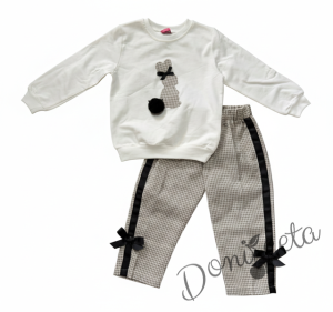 Детски комплект за момиче от 2 части - блуза в бяло със зайче и панталон в пепит с панделки