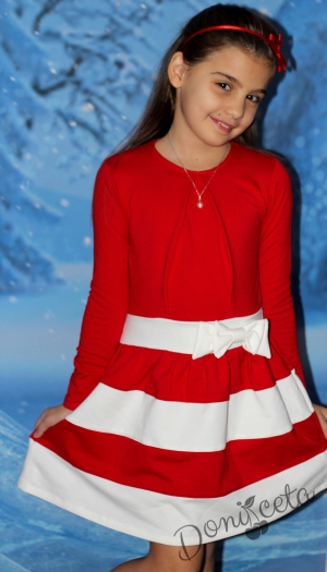 Детска ватирана рокля с дълъг ръкав в червено и бяло