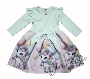 Детска рокля в тюркоаз с къдрички, панделка и еднорог