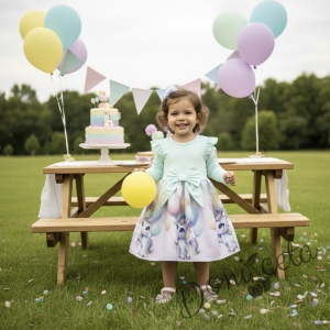 Детска рокля в тюркоаз с къдрички, панделка и еднорог