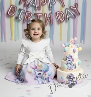 Детска рокля в екрю с къдрички, панделка и еднорог