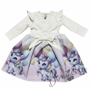 Детска рокля в екрю с къдрички, панделка и еднорог