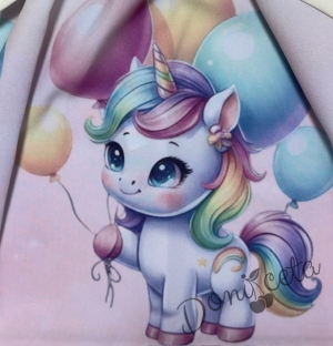 Детска рокля в екрю с къдрички, панделка и еднорог