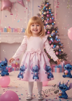 Детска рокля с дълъг ръкав в розовo с къдрички, панделка и Стич