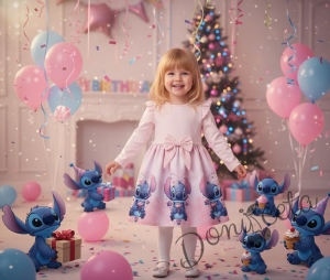 Детска рокля с дълъг ръкав в розовo с къдрички, панделка и Стич