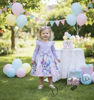 Бебешка или детска рокля в лилаво с дълъг ръкав с къдрички, панделка и еднорог