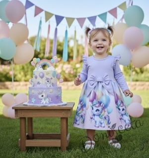 Бебешка или детска рокля в лилаво с дълъг ръкав с къдрички, панделка и еднорог