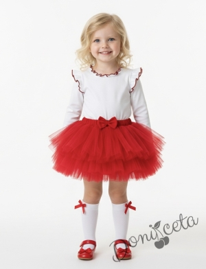 Комплект от 2 части-детска туту пола пачка в червено и блузка с дълъг ръкав в бяло с къдрички на рамената и бието с червен кант