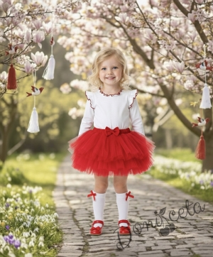 Комплект от 2 части-детска туту пола пачка в червено и блузка с дълъг ръкав в бяло с къдрички на рамената и бието с червен кант