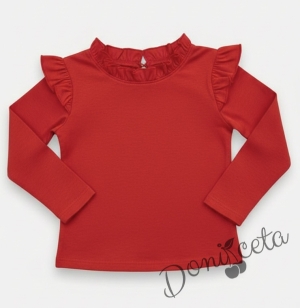 Комплект от 2 части-детска туту пола пачка в червено и блузка с дълъг ръкав в червено с къдрички на рамената и бието 