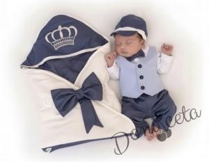 Бебешки елегантен комплект за изписване за момче светлосиньо, бяло и тъмносиньо 