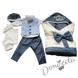 Бебешки елегантен комплект за изписване за момче светлосиньо, бяло и тъмносиньо 78323513 1
