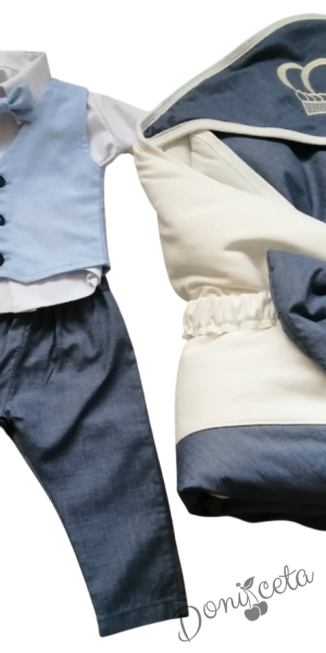 Бебешки елегантен комплект за изписване за момче светлосиньо, бяло и тъмносиньо 78323513 23