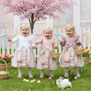 Бебешка или детска рокля в пепел от рози с къдрички, панделка и зайче