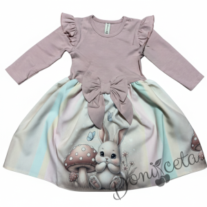 Бебешка или детска рокля в пепел от рози с къдрички, панделка и зайче