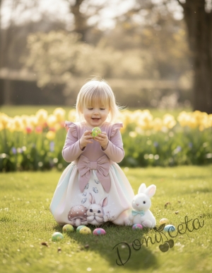 Бебешка или детска рокля в пепел от рози с къдрички, панделка и зайче