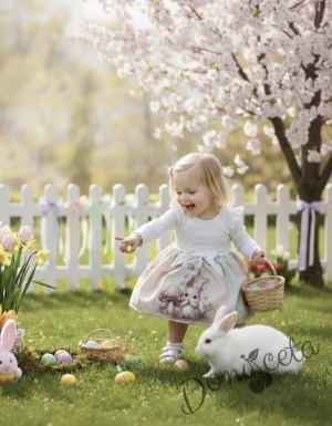 Бебешка или детска рокля в пепел от рози с къдрички, панделка и зайче