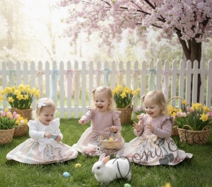 Бебешка или детска рокля в пепел от рози с къдрички, панделка и зайче